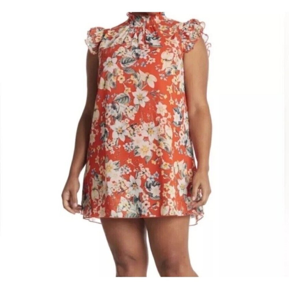 Eliza J Mini Dress Size 6 Orange Flutter Sleeve Hawaiian Floral High Neck Shift